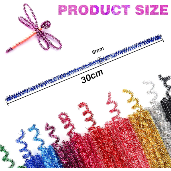 1000 Stykker Lyse Multifarvede Chenille-Rørrensere 30 cm Lange og 6 mm Brede til Håndværk og Dekoration