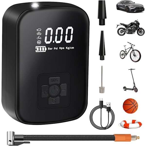 Bærbar Luftkompressor, 3600mAh Mini Elektrisk Luftpumpe 150PSI Elektrisk Cykelpumpe med Digital LCD-Skærm 4 Tilstande Genopladelig Bil Dæk Inflator