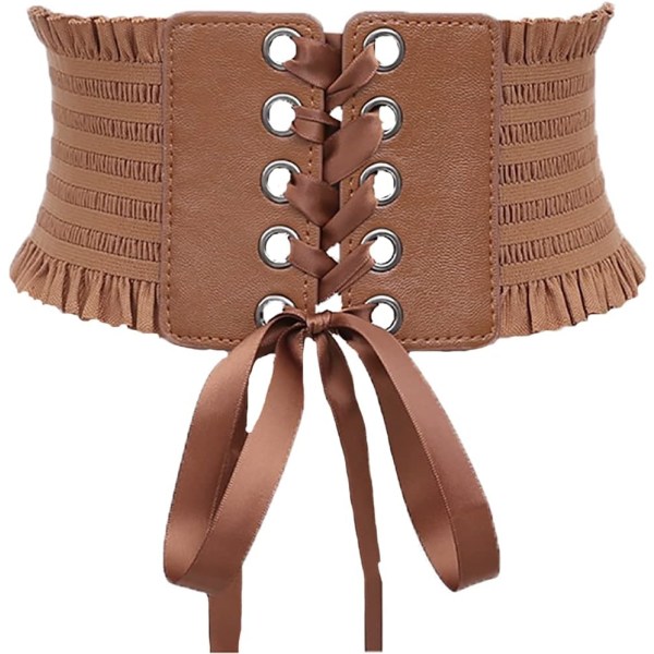 Women's Elastic Costume Wide Waist Belt Lace-up Bow Tied Waspie Corset Belts (Brown)