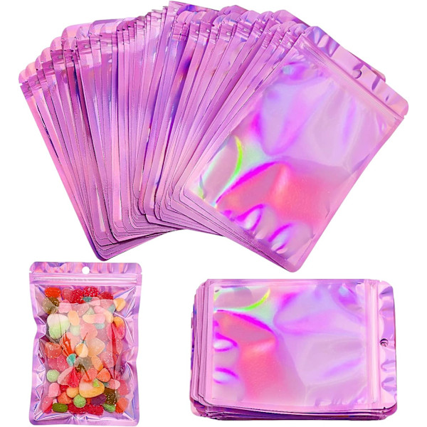 Foil Ziplock-pussit, 100 kpl uudelleensuljettavia hajuttomia elintarvikkeiden säilytyspusseja holografisia pakkauspusseja kirkkaita litteitä foliopusseja (12*18cm, vaaleanpunainen)