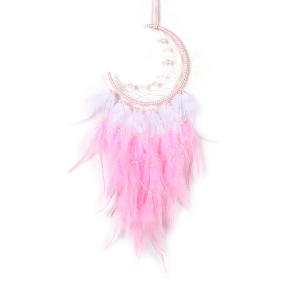 Drömfångare i månform, handgjord, rosa fjädrar, boho drömfångare, macramé väggdekoration, juldrömfångare, väggdekor, hantverk, present