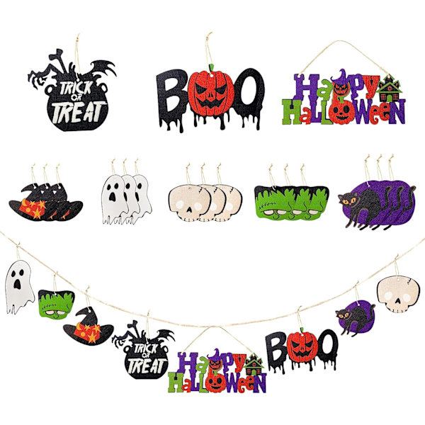 18 st Halloween-dekorationer i trä, Trick or Treat, pumpa, Boo, häxhatt, svart katt