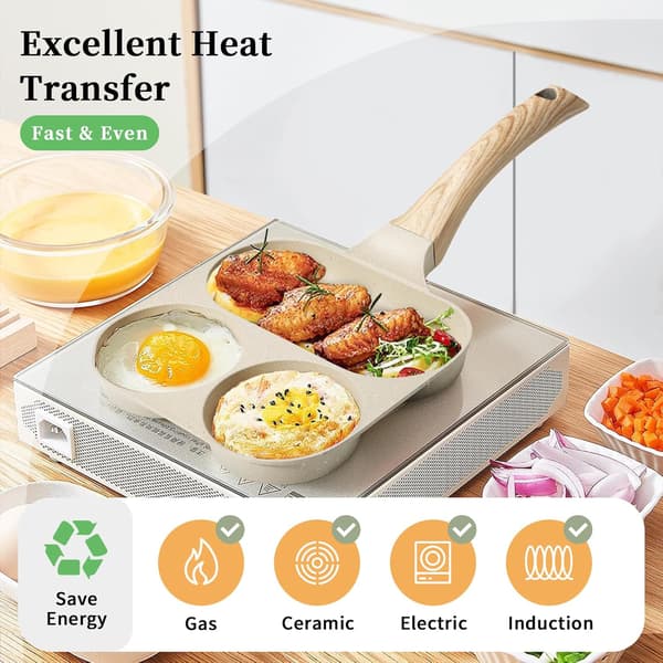 3 hull stekepanne, eggpanne med non-stick sunn granitt til frokost, multi egg stekepanne
