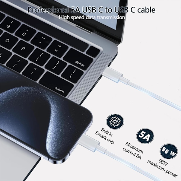 96W USB C Snabbladdare, Typ-C Strömadapter för MacBook Pro 16/15/14/13 tum, iPad Pro 12.9/11 tum, med 2M USB C till C Kabel