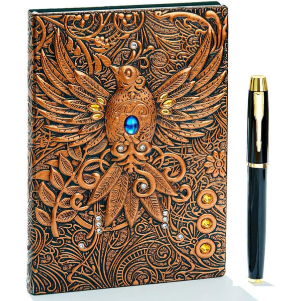 Vintage 3D Phoenix præget læder skrivejournal, A5, 200 sider, rejsedagbog og notesbog til at skrive i, til kvinder og mænd (rød bronze) Phoenix(Red Bronze) 8.4x5.7In