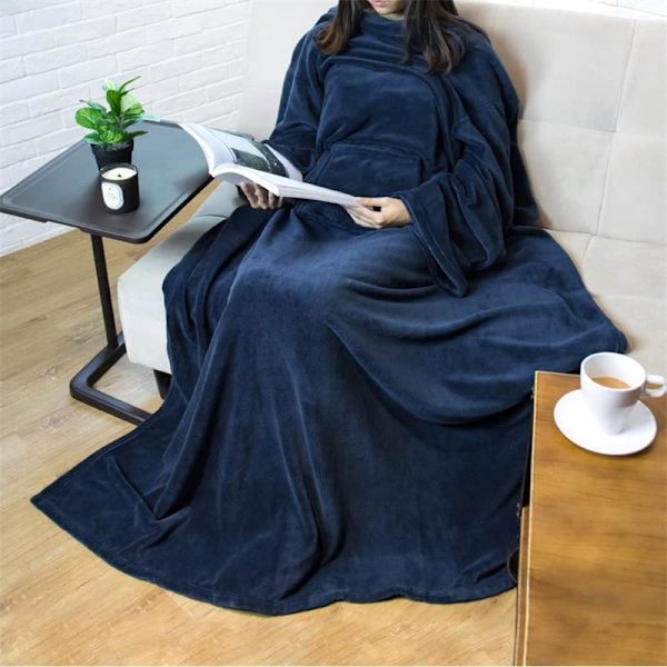 Bærbar ærme tæppe vinter blød sofa tæppe fuld krop, marineblå Navy blue
