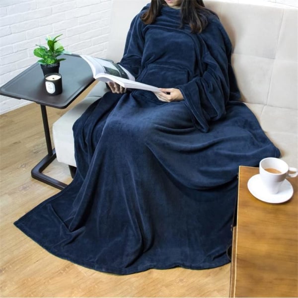 Bärbar ärmfilt Vinter Mjuk Soffafilt Helkropp, Marinblå Navy blue