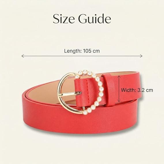 Teksturert PU-belte med perleaksentert oval spenne - Slank midjedefinerende stropp for kvinner, justerbar passform for kjoler, jeans, rød Red