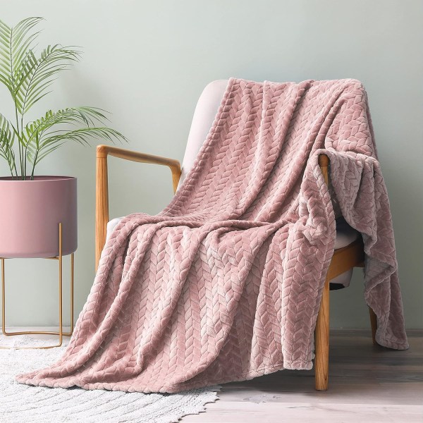 Flanellfilt, 127x178 CM soffkast, mjuk jacquardvävd bladmönstrad filt för soffa, rosa filt