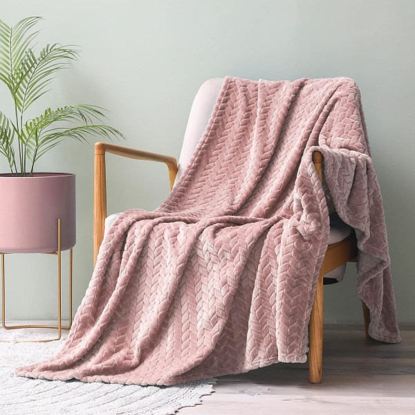 Flannel tæppe, 127x178 CM sofa tæpper, blødt jacquard vævet blade mønster tæpper til sofa, lyserødt tæppe