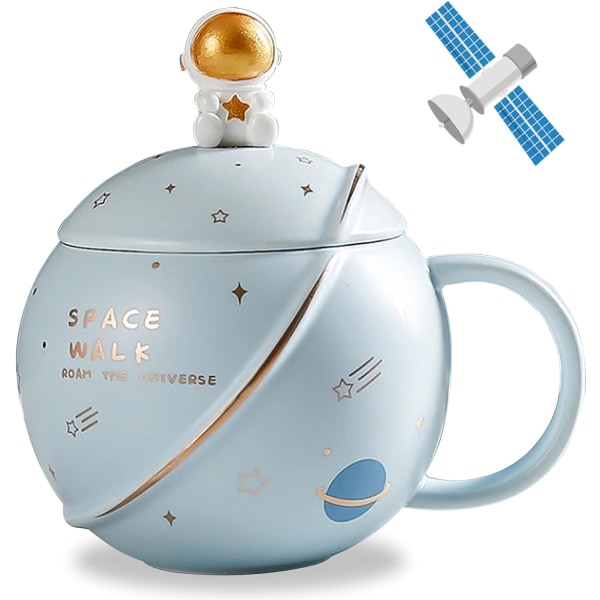 Söt rymdmugg i keramik, kawaii astronaut kaffemugg, rolig mugg med lock och sked, personlig kaffe-, te- och mjölkmugg