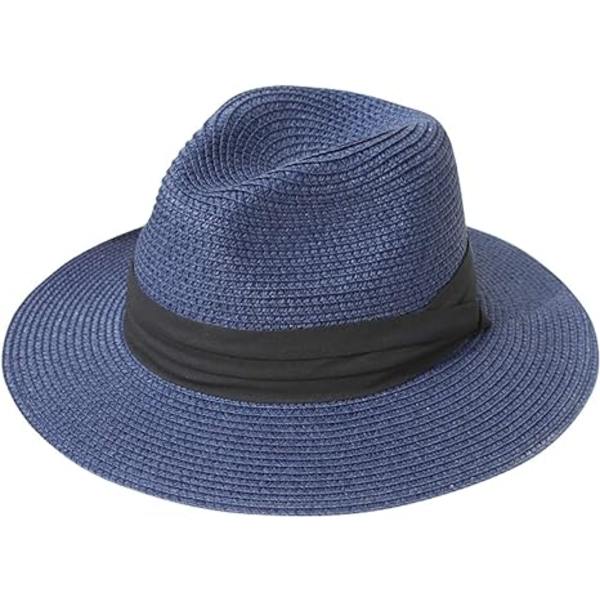 Kvinnors bredbrättade halm Panama rulla upp hatt bälte spänne Fedora strand solhatt för kvinnor UPF50+ Blue