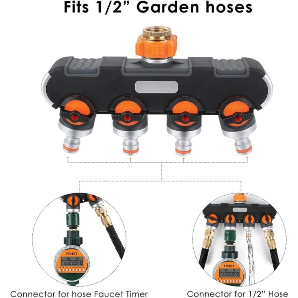 2/4-vägs splitter, 3/4" och 1/2" med kranadapter för trädgårdsbevattning och trädgårdsslang