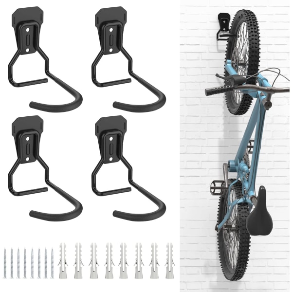 Set med 4 cykelkrokar, järnhängare, kraftiga L-formade förvaringsväggfästen, praktiskt cykelställ för hemgarage, svart