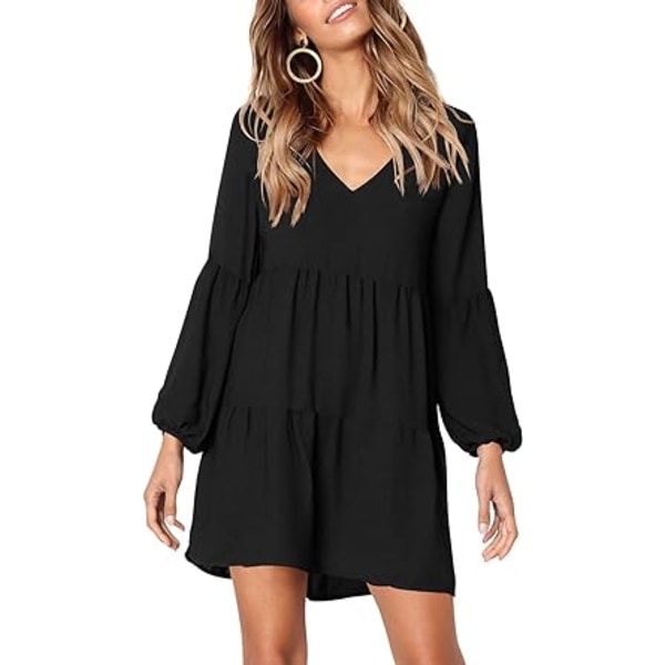 Kvinder sommer tunika kjole V-hals afslappet løs flydende swing Shift kjoler Black M