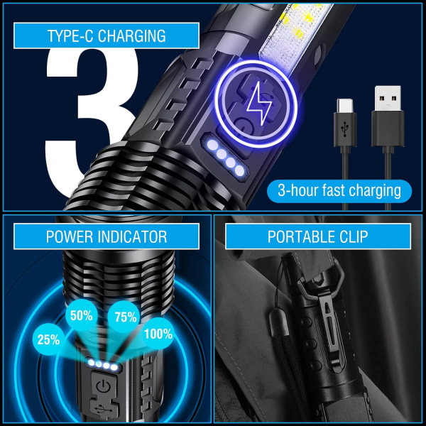 A76 Superkraftig LED-lommelygte 20000 lumen USB genopladelig lommelygte 7 tilstande taktisk lommelygte med klip