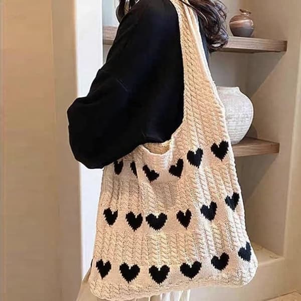 Hæklet mulepose, strikkede håndtasker til kvinder, netstrandtaske, strandtaske til kvinder, retro hæklet netstrandmulepose, boho skuldertaske, khaki+sort Khaki+black