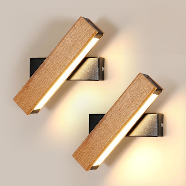 2 Pak Indendørs Vægsconces, 4W 450LM Træ LED Vægslampe, 360° Drejelig Belysning, til Læsesal, 3000K Varmt Hvidt gris