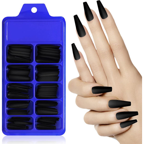 Matte Akryl Falske Negler Tips Kit Set 100 Stykker Falske Fingernegler Forlengelse Lang  Kiste Ballerina Full Dekning DIY Dekorasjoner black