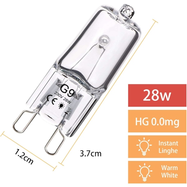 G9 Halogenlampor, 5-pack 28W G9-lampor 230V 370Lm 2800K Varmvitt Ljus för Kök, Vardagsrum och Sovrum (5-pack)