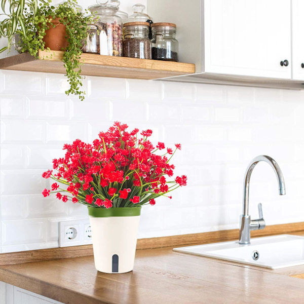 Konstgjorda blommor, 12 buntar UV-beständiga gröna buskar växter inomhus utomhus hängande planterare hem trädgård dekor Red