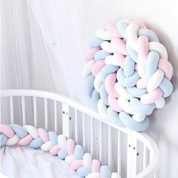 Soft Woven Crib Bumper 3M Crib Bumper with 3 Tethers Perfect for Keeping Baby Safe - Pink+White+Blue