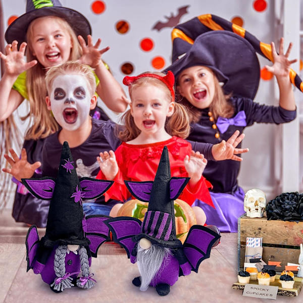 2 st Halloween Gnome Höstdekorationer, Handgjorda Ansiktslösa Plysch Halloween Häxgnomer med Spindelfladdermusprydnader