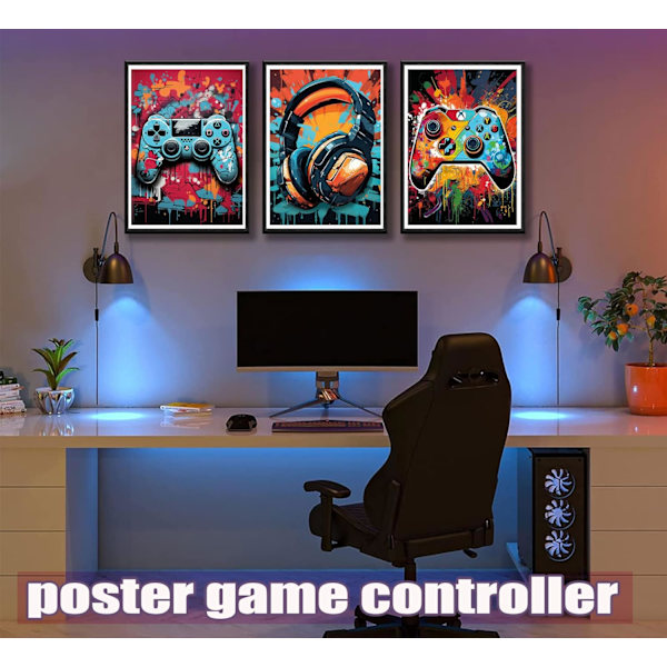 3 st. Cool Gaming Väggkonst Retro Videospel Vattenfärg Posters Bilder Färgglada Neon Gamepad Canvas Målningar Tryck 12x16in Oinramade