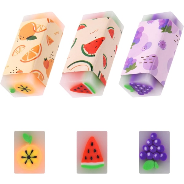 Söta fruktsuddgummi, 3-pack plast pennsuddgummi Gummi Långvariga suddgummi Set för barn