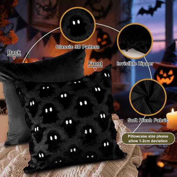 Halloween Spøgelse Pudebetræk Sæt med 2, Søde Toøjede Spøgelse Pyntepudebetræk Blød Plys 45 x 45 cm Pyntepudebetræk til Soveværelsesindretning (Sort) Black