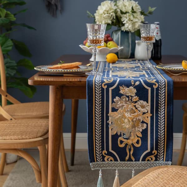 Luksuriøs bordløper med multi-dusker, lang elegant brodert jacquard bordløper kommode skjerf (Blå, 14x55 tommer)