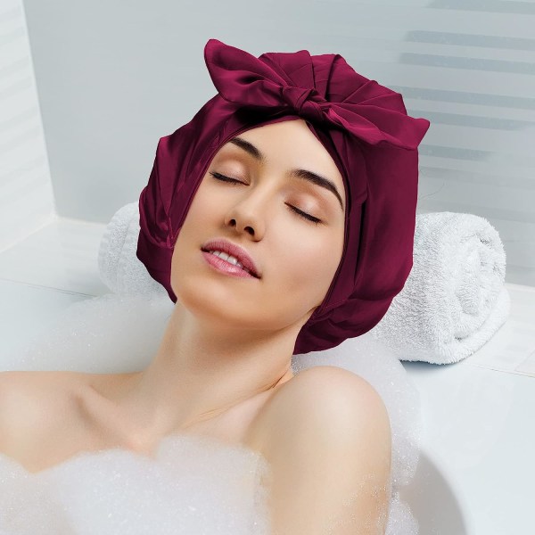 2 stk dusjhetter justerbar sløyfe badehette gjenbrukbar vanntett turban dusjhette badehette (vinrød, svart)