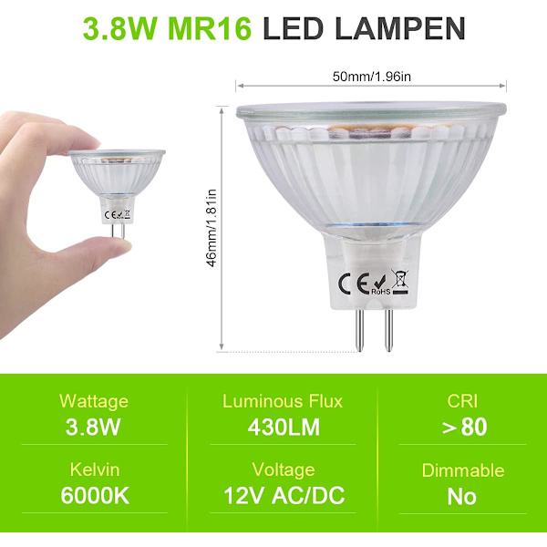 GU5.3 MR16 LED-pære 12 V, 3,8 W svarende til 40 W halogen, LED-spotpære GU5.3 kølig hvid 6000K ikke-dæmpbar 430 lumen MR16 LED-pære, 6-pakning