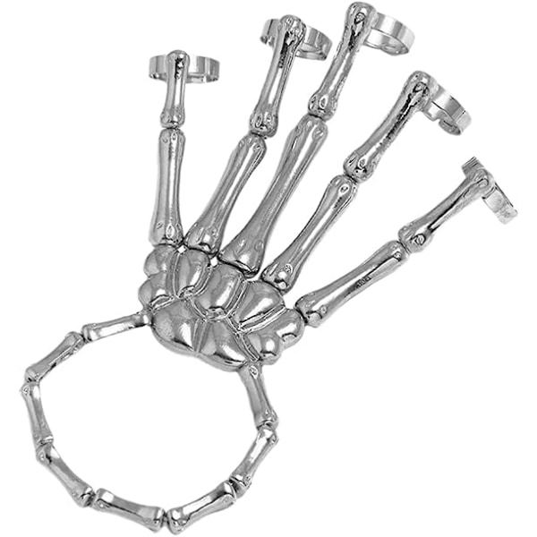 Punkarmband skallefingrar metallskelett handarmband med ring Överdrivet metallskalle fingerbensarmband (silver)