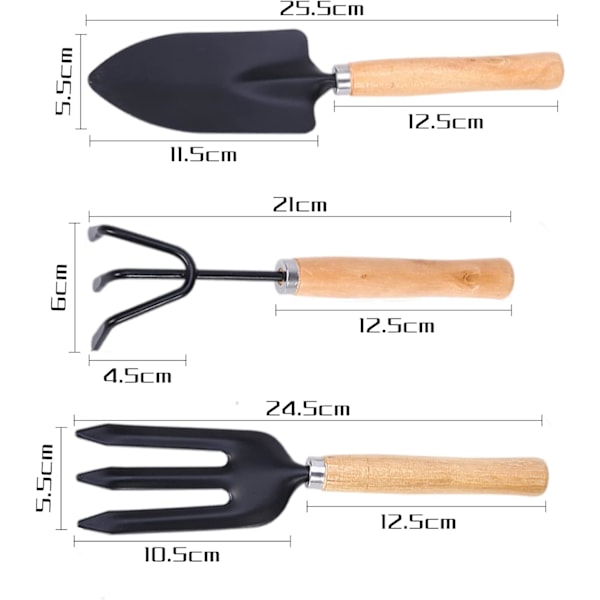 3 kpl:n minipuutarhatyökalut, puutarhatyökalusarja, jossa on pieni lapio, lapio ja pieni harava kahva puutarhakasveille sisä- ja ulkokäyttöön