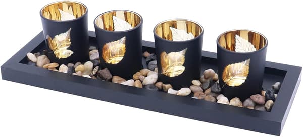Lysestake-sett, inkludert 4 glasskopper, borddekorasjoner (blader)