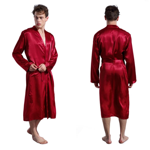 Herrbadrock sommar lätt bastukostym långärmad mantel med skärp sommarrock pyjamas sidenpyjamas kimono pyjamas herrpresent deep red XXL