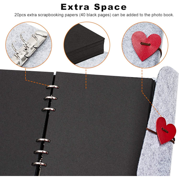 DIY fotoalbum, vintage filt skrapbok album, svarte sider