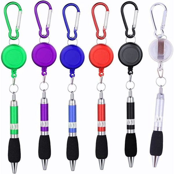 6 stk Penneklips Karabinkrok Pen Retractable Badge Roller Pen Belteklips og Karabinkrok Nøkkelring Ballpoint Pen