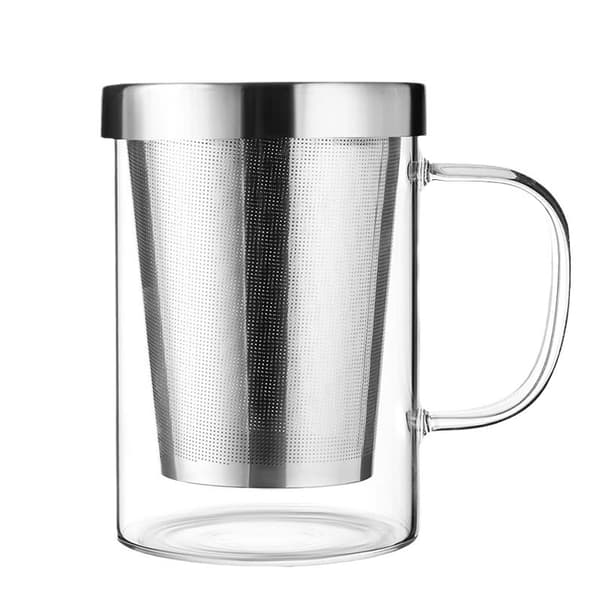 Tekopp med filter och lock - Infusionskopp - Borosilikatglaskopp - Stor 500 ml kopp
