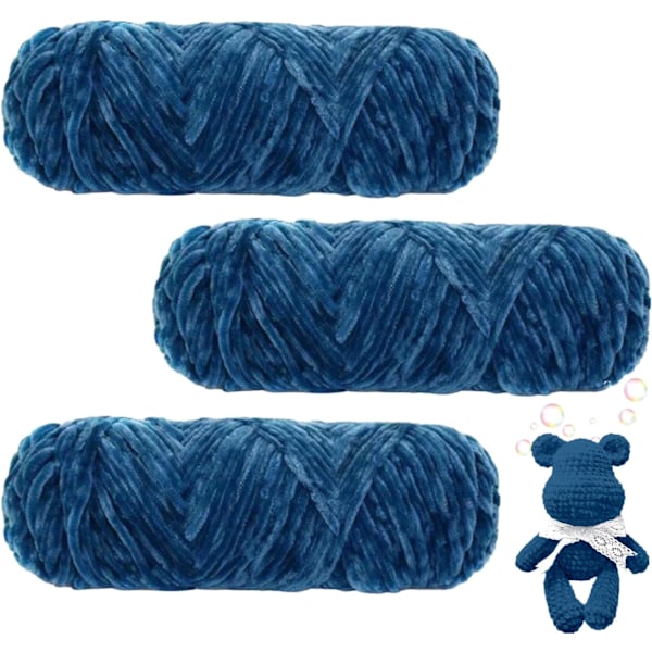 Chenillegarn, Chenillegarn för Virkning, 3 Rullar Garnbollar för DIY Stickning och Virkning, Hantverk Blue