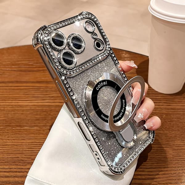 Magnetisk stativ til iPhone 18 Pro cover med glimmer-kort, blød TPU-diamantkofangerbeskyttelse, sølv Silver iPhone18PRO
