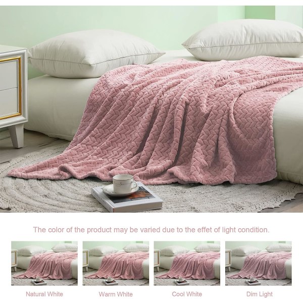 Flannel tæppe, 127x178 CM sofa tæpper, blødt jacquard vævet blade mønster tæpper til sofa, lyserødt tæppe