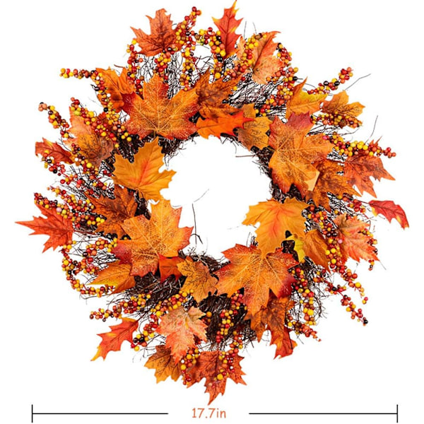 Höstkrans för ytterdörr 45 cm höstkrans med lönnlöv och bär, höstkrans med lönnlöv för Halloween Thanksgiving-dekoration