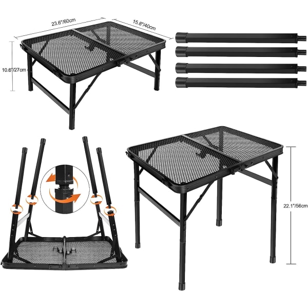 Hopfällbart campingbord, litet BBQ hopfällbart campingbord, 2 höjdinställningar, bord med metallgaller