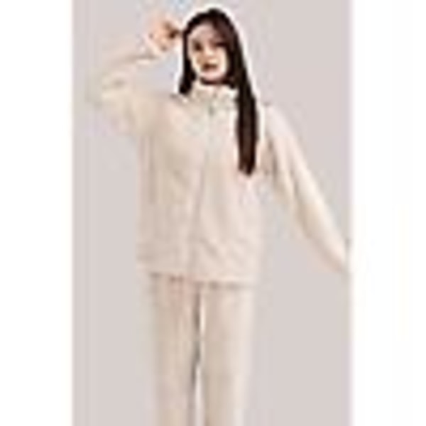 Kvinnors fluffiga pyjamas set kvarts dragkedja fleece 2 delar Sherpa pullover byxor set fuzzy sovkläder, Off white S (80 catties - 110 catties)