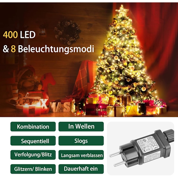 Juletrærlys, 2M * 16 grener 400 LED juletrærlys med 8 moduser og timer, for julepynt - varm hvit