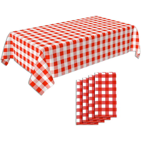 Set med 4, picknickdukar, röd- och vitrutiga dukar, plastdukar, engångsdukar för fest