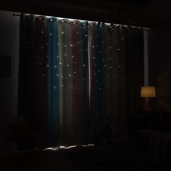 1 Panel  Stars Blackout Curtain,Rainbow Double Layer Star Grommet Window Curtains