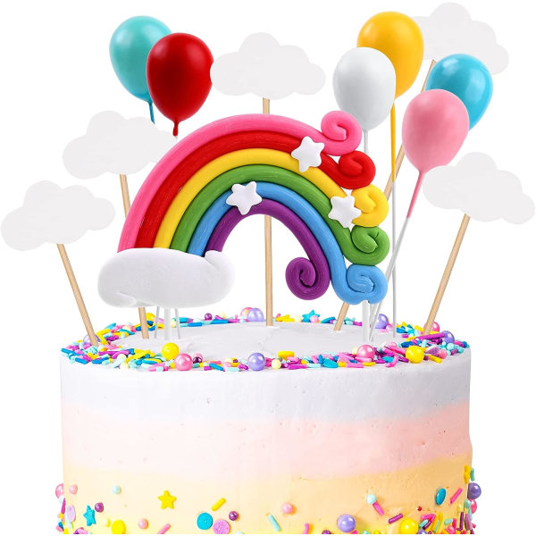 12 delar Grattis på födelsedagen tårta toppers, regnbåge ballong moln tema festdekorationer, regnbåge ballong figur Grattis på födelsedagen banner tårta toppers